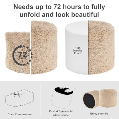Round Pouf Ottoman Foot Rest, Footstool, Brown | High-Density One-Piece Foam, 17 x 14 Inch, Firm & Stable, for Couch, Bedroom, Living Room, Machine Washable Cover