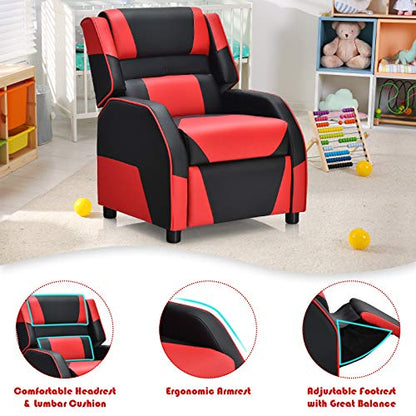Kids Recliner, Gaming Recliner Chair w/Footrest, Headrest & Lumbar Support, Ergonomic Leather Lounge Chair for Living & Gaming Room, Adjustable Racing Style Sofa for Children Boys Girls, Red