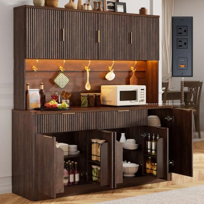 60"W 72"H Pantry Storage Cabinet, Fluted Kitchen Hutch, Rustic Brown, view 2