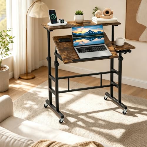 Height Adjustable Mobile Standing Desk with Built-in Power Outlets, view 3