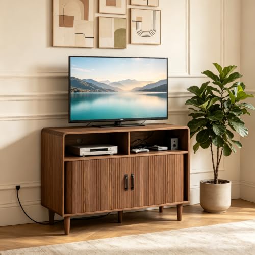 Fluted TV Stand with Storage Cabinets Media Console Table for Bedroom, view 4