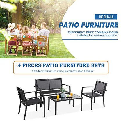 4 Pieces Patio Furniture Sets,Outdoor Patio Conversation Sets with Glass Coffee Table, Small Porch Balcony Furniture, Patio Table and Chairs Set for Garden, Backyard (Black)