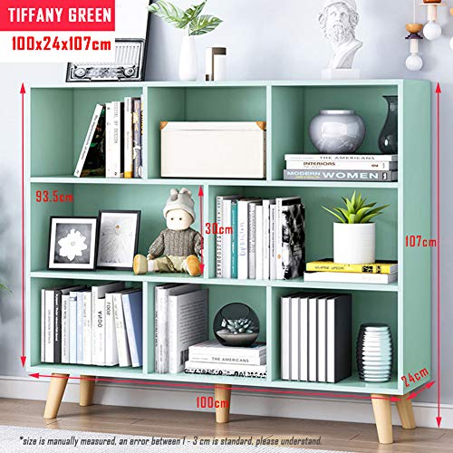 IOTXY Wooden Open Shelf Bookcase - 3-Tier Bookshelf with Leg, Tiffany-Green | Nordic Minimalist Style, MDF Material, Raised Solid Wood Legs, 8 Storage Cubes Display, Floor-Standing Cabinet Organizer