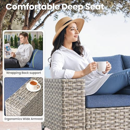 8-Piece Patio Furniture Set with L-Shape Sofa Chaise, Outdoor Sectional Couch Swivel Gliders, Modern Modular Wicker Rattan Conversation Set, Denim Blue