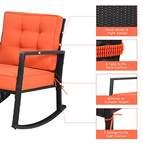 Wicker Rocking Chair, Outdoor Rattan Rocker Chair with Heavy-Duty Steel Frame, Patio Furniture Seat with 5” Thick Cushion for Garden, Porch, Backyard, Poolside (1, Orange)