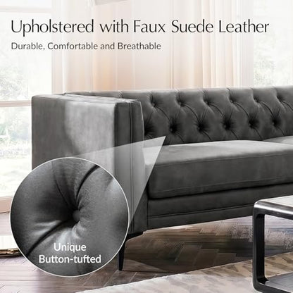 84" W Faux Leather Sofa Couch with Metal Legs, Button-Tufted 3-Seater Sofa, Mid Century Modern Contemporary Upholstered Couch for Living Room, Entertainment Area, Apartment,Grey