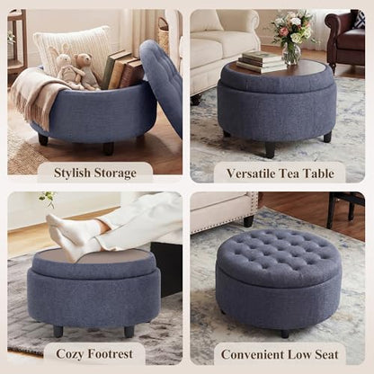 Fabric Round Storage Ottoman with Reversible Tray Lid – Multi-Functional Footrest, Hidden Storage, Sturdy & Stylish Small Coffee Table for Living Room, Bedroom, or Entryway(Blue)