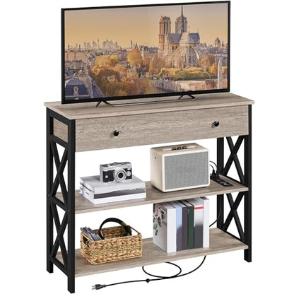 Yaheetech TV Stand with Power Outlets, Entertainment Center with Drawer, Media Console Table for TV up to 45 inch with Open Storage Shelf for Bedroom/Living Room/Hallway, Metal Frame, Grey