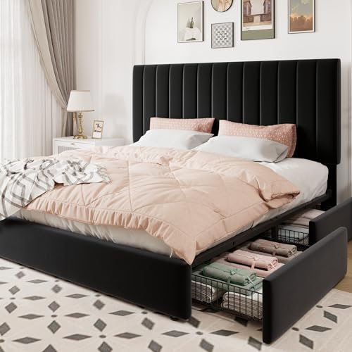 King Size Storage Bed Frame, Vertical Channel Tufted Adjustable Headboard, view 2