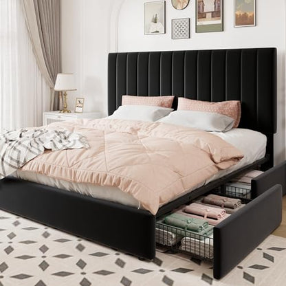 King Size Storage Bed Frame, Vertical Channel Tufted Adjustable Headboard, view 2