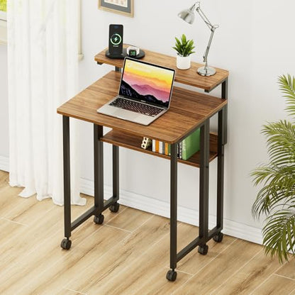 Folding Desk with Adjustable Monitor Stand and Storage Shelf, 24.8in Small Desk with Wheels, Mobile Rolling Table for Small Spaces, Home Office, Walnut