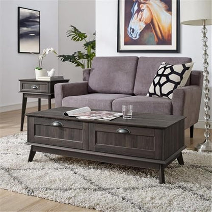 Wood Coffee Table with 2 Drawers, Smoke Oak Finish, 45 x 22 in, Engineered Wood and Metal, Durable Laminate, Scandinavian Design Living Room Table with Storage