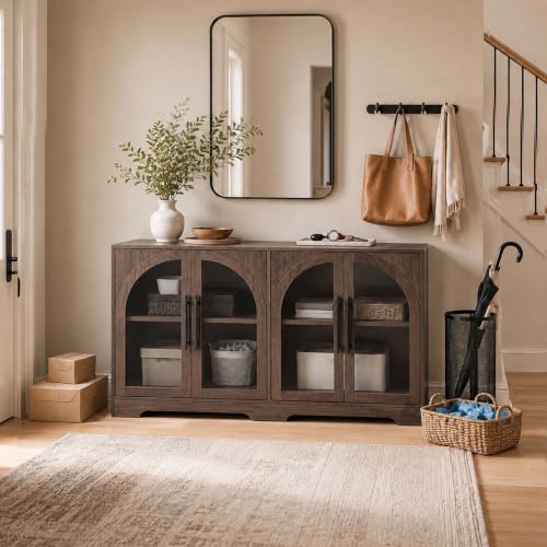 55" Arched Glass Door Sideboard Buffet Cabinet, Walnut, view 8