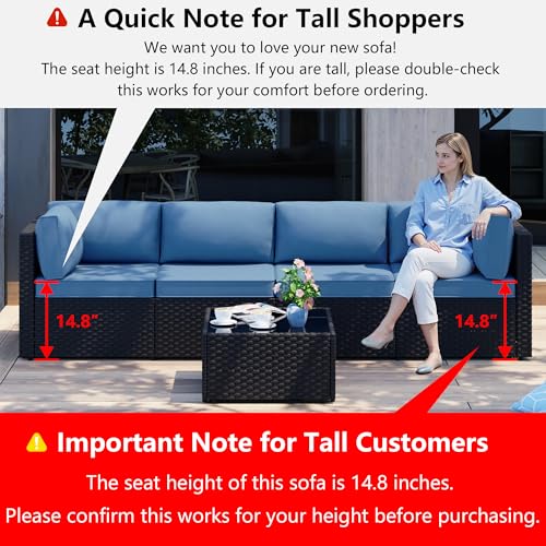 5 Pieces Outdoor Patio Sectional Sofa Couch, PE Wicker Furniture Sets, Patio Conversation Sets with Washable Cushions Glass Coffee Table for Garden, Poolside, Backyard, Aegean Blue