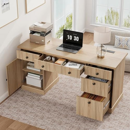 60" Office Desk with Storage & Drawers. Fluted Wood Computer Desk with Power Outlet & Adjustable Shelves.Modern Executive Desk for Home Office/Bedroom/Gaming-Burlywood