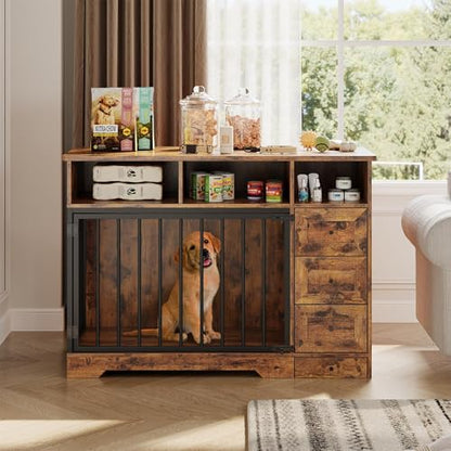 48'' Dog Crate Furniture with Bowl, Medium Dog Cage, Retro Brown, view 7