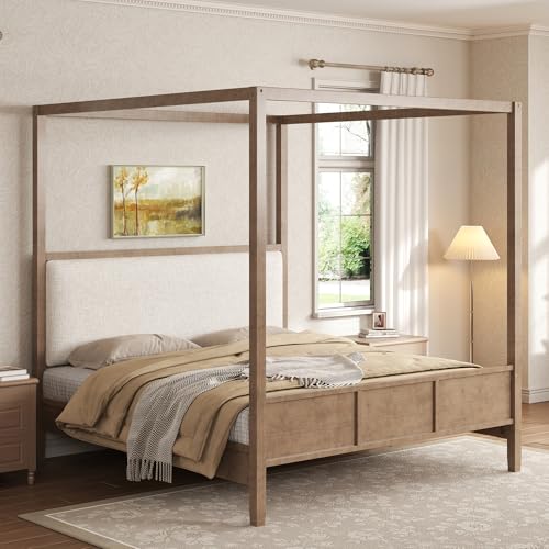 King Size Canopy Bed with Linen Headboard and 4-Poster, Walnut, view 6