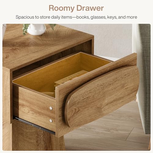 Tribesigns End Table with Storage Drawer, Modern Wooden Side Table with Curved Handle, Small Nightstand for Living Room, Bedroom, Small Spaces (Natural Wood Color)