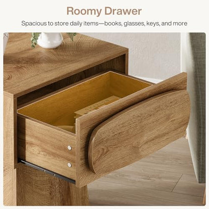 Tribesigns 2PCS End Table with Storage Drawer, Modern Wooden Side Table with Curved Handle, Small Nightstand for Living Room, Bedroom, Small Spaces (Natural Wood Color)