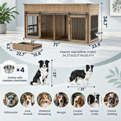 71" Double Dog Crate Furniture, Walnut Furniture Crate with Dividers., view 5