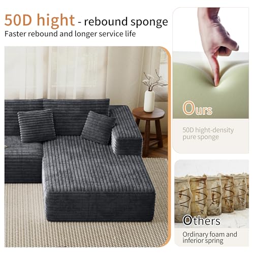 Modular Sectional Couches for Living Room, Comfy Shaped Boneless Cloud Couch with Chaise, Modern Deep Seat Corduroy Floor Sofa, No Assembly Required (Grey, 107" L-Shaped Right)