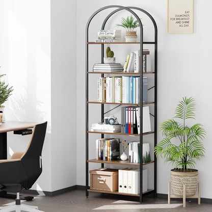 6-Tier Bookshelf Arched Display Racks, Wood and Metal Bookcase, Tall Bookshelf, Industrial Display Standing Shelf Unit, for Home Office, Living Room, Bedroom, Bathroom, Rustic Brown