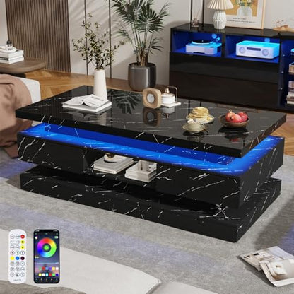 47.2 Inch Modern High Glossy LED Coffee Table with 2 Sliding Drawers, Double-Layer Center Tables with LED Lights for Livings Room Furniture, Black