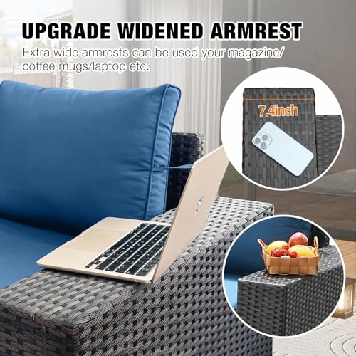 6 Pieces Patio Furniture Set All-Weather Outdoor Wicker Sectional Conversation Sofa Rattan Patio Seating Sofa with Cushion and Glass Table for Porch Poolside,Peacock Blue