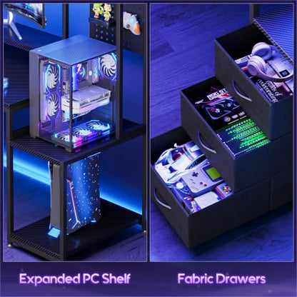 67 Inch Gaming Desk with Display Shelves, 3 Drawers, LED Lights, Hutch, view 6