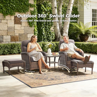 Luxury Outdoor Swivel Rocker Patio Chairs with 6-Inch Thick Cushions, High Back Swivel Glider Patio Chairs, 3PCS Wicker Outdoor Furniture Set for Porch, Patio, Yard, Deck, Poolside, Brown/Grey