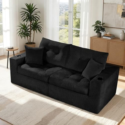 80" Boneless Loveseat Sofa, Cloud Couch with Layered Cushion, Small Couch Compressed Foam Sofa for Living Room, Apartment, Office, Black Corduroy