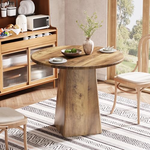 Tribesigns 31.5-Inch Round Dining Room Table for 2-4, Farmhouse Small Kitchen Dinner Table with Square Base for Dining Room Living Room, Rustic Brown