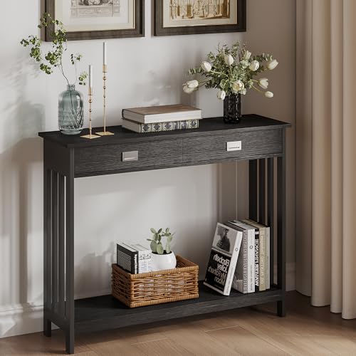 39" Black Entryway Table with Drawer, Narrow Console Table with Storage Shelf, Sofa Table for Living Room, Entryway, and Hallway