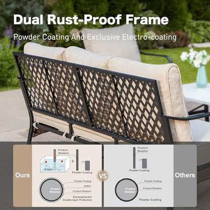 4 Piece Metal Outdoor Patio Furniture Set, Patio Conversation Sets 1 3-Seater Sofa, 2 Chairs with 5.75" Extra Thick Cushion and Coffee Table, Black Frame Backyard Furniture, Beige