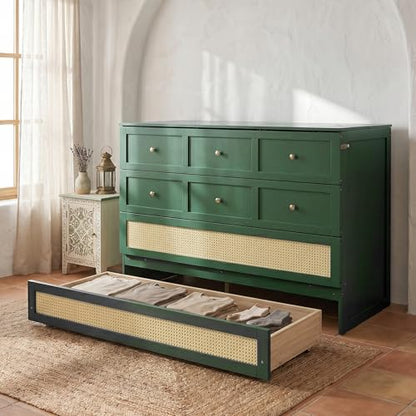JIVOIT Queen Size Murphy Bed with Large Drawers, Solid Wood Murphy Bed Chest with Rattan Patterned Designs, Multi-Function Design for Guest Room Small Room