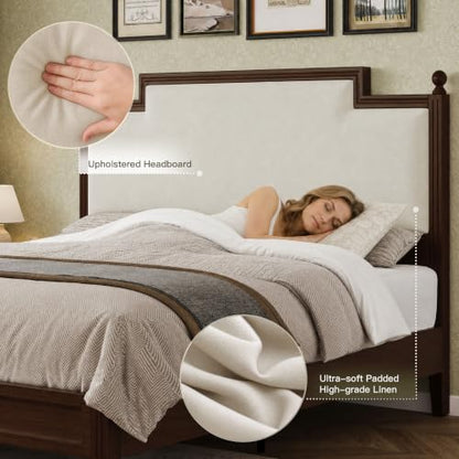 King Size Bed Frame with 50.2" Tall Upholstered Headboard, Walnut, view 4