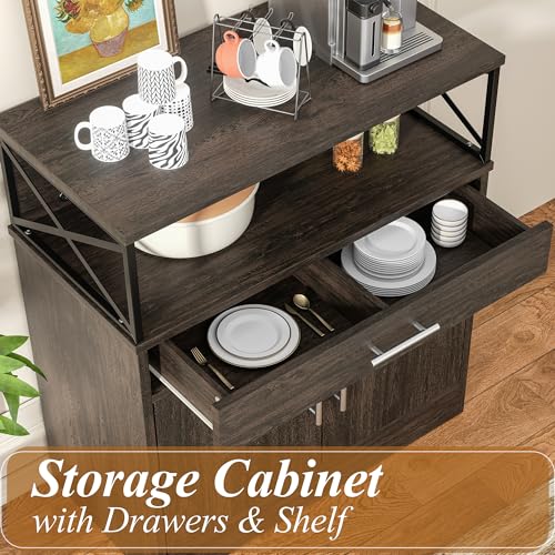 Kitchen Storage Cabinet with Adjustable Shelves and Drawers, Modern Buffet Sideboard, Wood Buffet Cabinet with Doors, Floor Cabinet Cupboard for Coffee Bar Living Room, Dark Brown