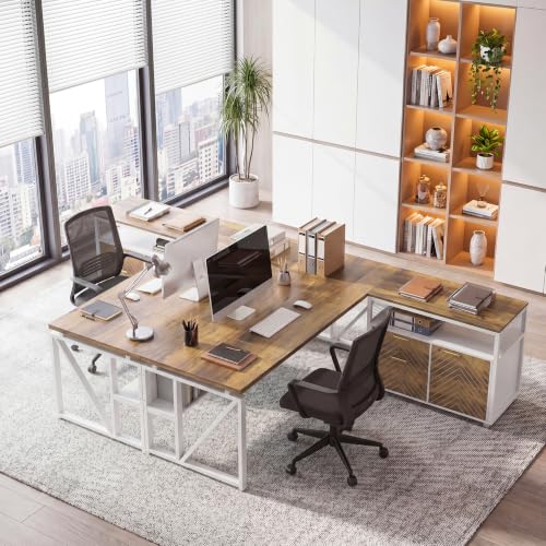 63" Executive Desk with Drawer Cabinet, L-Shaped Desk, Walnut, view 4