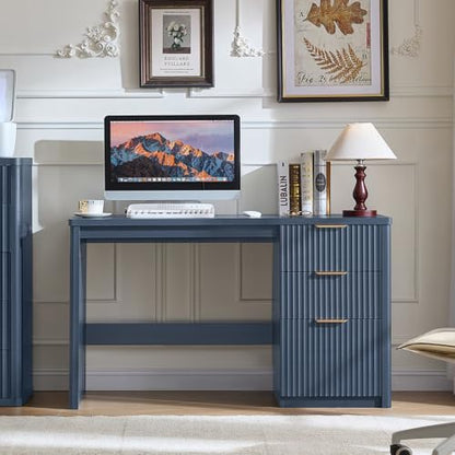 Office Desk 48" with 3 Drawers Storage File Cabinet Wood Fluted Desk for Computer Office Bedroom Home Furniture Blue