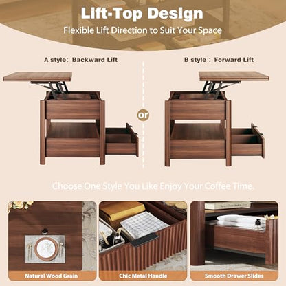 40" Lift Top Coffee Table, 4 in 1 Square Coffee Table with Storage Shelf & 2 Drawers, Modern Coffee Tables with Lift Tabletop, Converts to Dining Table for Living Room, Home Office, Walnut