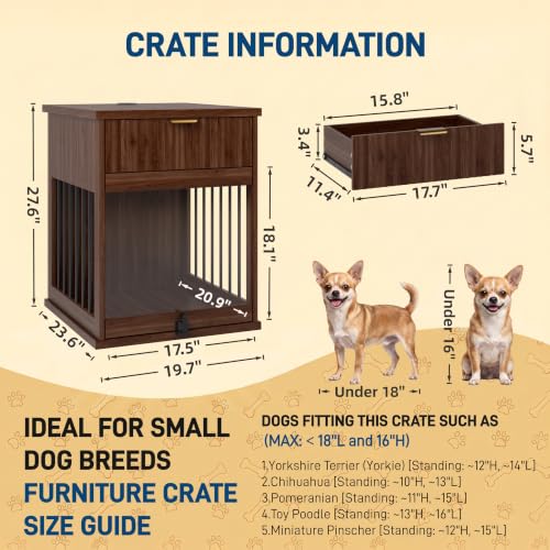 Wooden Dog Crate Furniture End Table with Drawer for Small Dogs (Brown), view 3