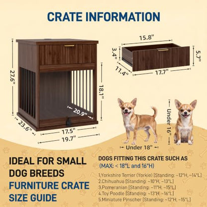 Wooden Dog Crate Furniture End Table with Drawer for Small Dogs (Brown), view 3