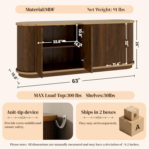 Sideboard Buffet Cabinet with Storage,Mid Century Modern Credenza,Walnut, view 3