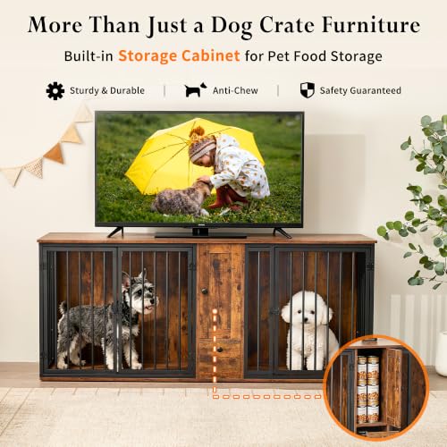 70" Double Dog Crate Furniture w/Feeding Station & Storage Cabinet, view 4