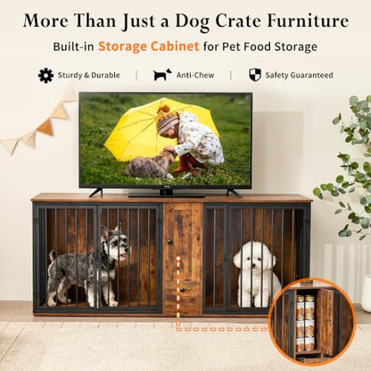 70" Double Dog Crate Furniture w/Feeding Station & Storage Cabinet, view 4