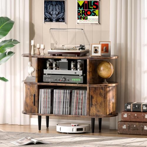 Large Record Player Stand with Storage and Shelves, Brown, view 4