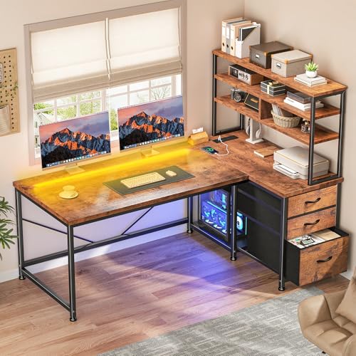 Office Desk with 3 Fabric Drawers & Shelf, Reversible L Shaped Desk Computer Desk with Remote LED Lights, Power Outlet for Home Office Desk, Corner Desk for Bedroom, Brown