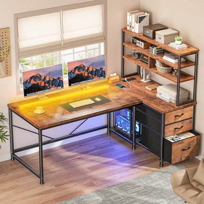 Office Desk with 3 Fabric Drawers & Shelf, Reversible L Shaped Desk Computer Desk with Remote LED Lights, Power Outlet for Home Office Desk, Corner Desk for Bedroom, Brown