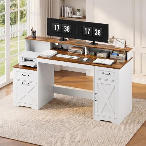 63 Inch Farmhouse Computer Desk with Drawers & Power Outlets, view 7