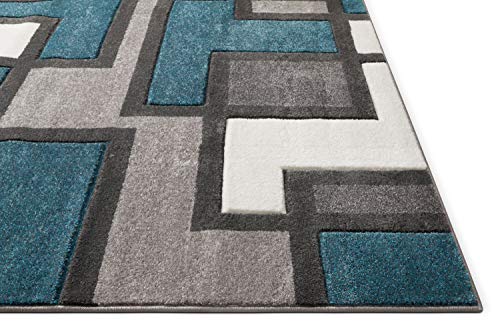 Uptown Squares Blue Grey Modern Geometric Comfy Casual Hand Carved 9x13 (9'3'' x 12'6'') Area Rug Easy to Clean Stain Fade Resistant Abstract Boxes Contemporary Thick Soft Plush Living Dining Room Rug